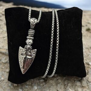 Spearpoint Arrowhead Cross Shield Pendant Men's Stainless Steel Necklace 23"